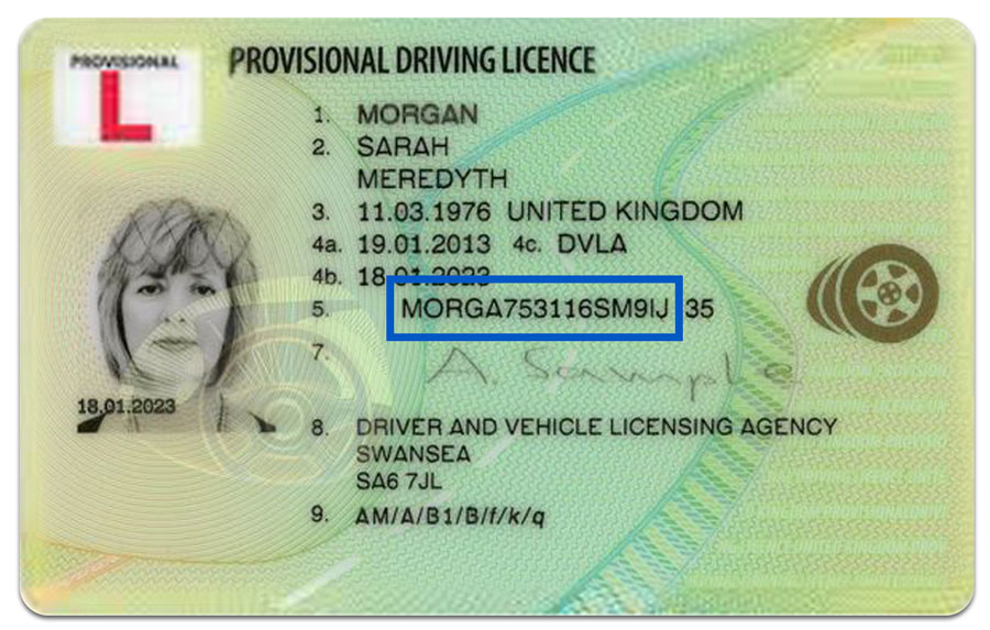 Example Driving Licence showing the Driver Number