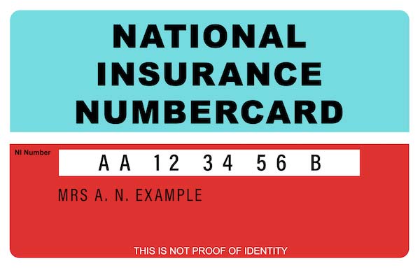 Example of a UK National Insurance card.